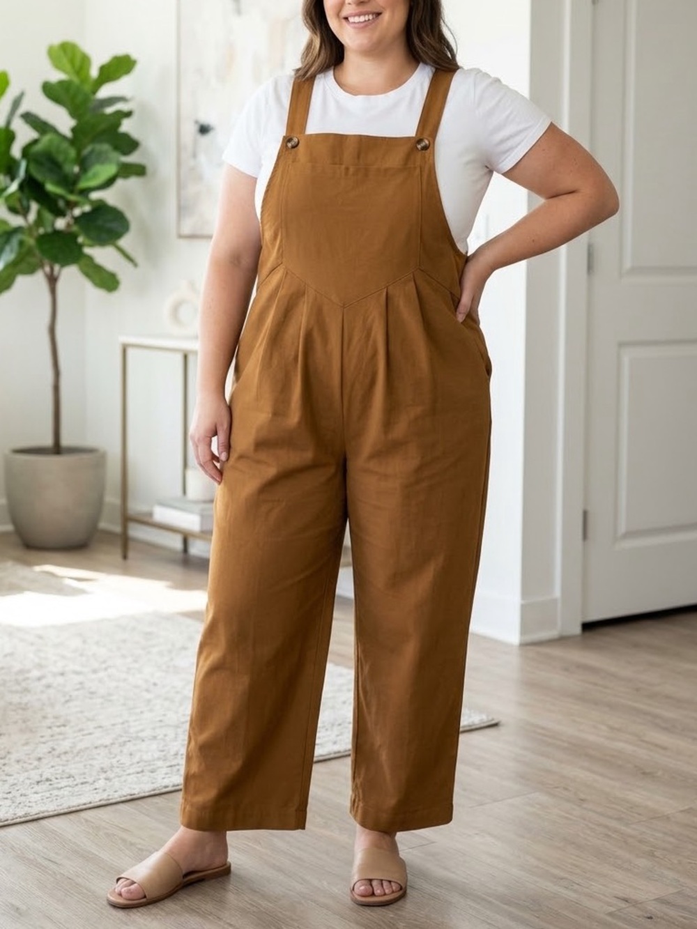 Relaxed Brown Wide Leg Overalls with Chest Bib